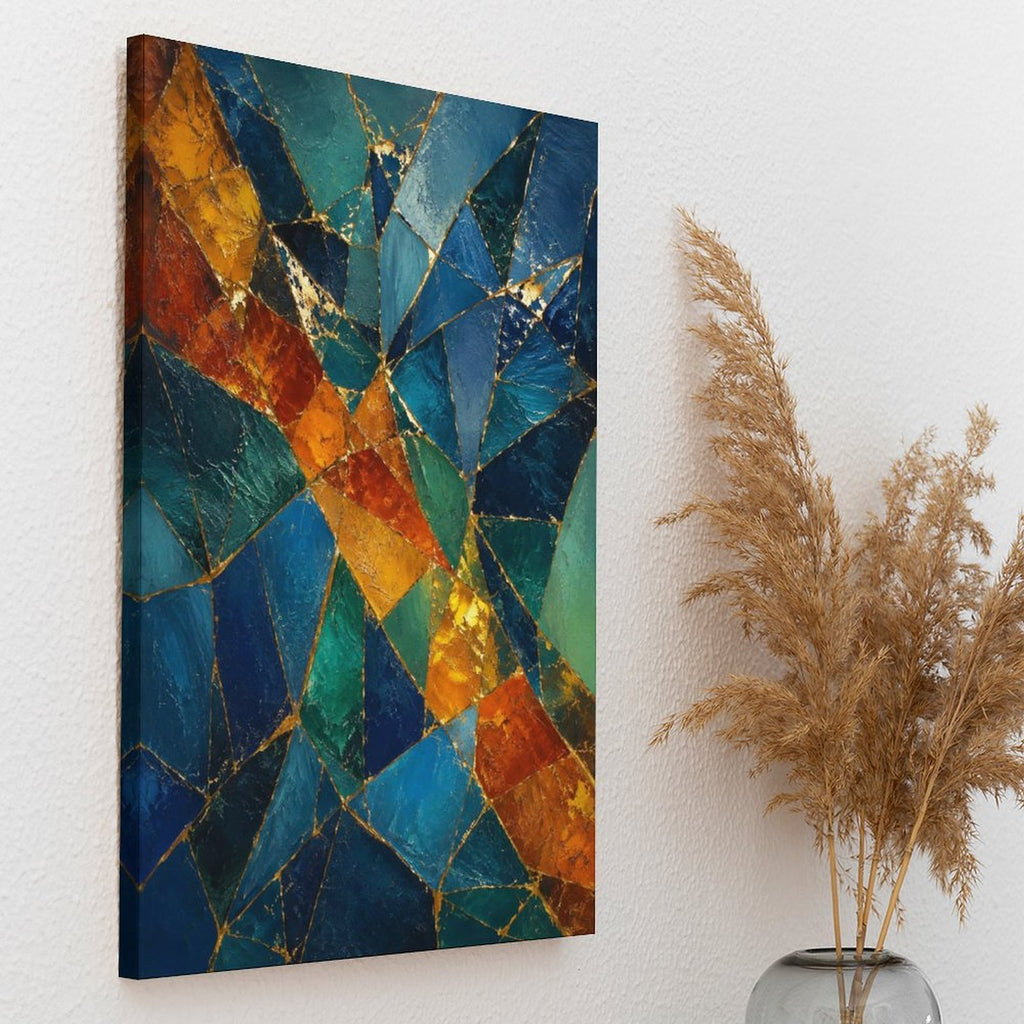 Teal Orange Gold Mosaic Stained Glass Abstract Framed Canvas Wall Art | Jewel Tone Geometric Print