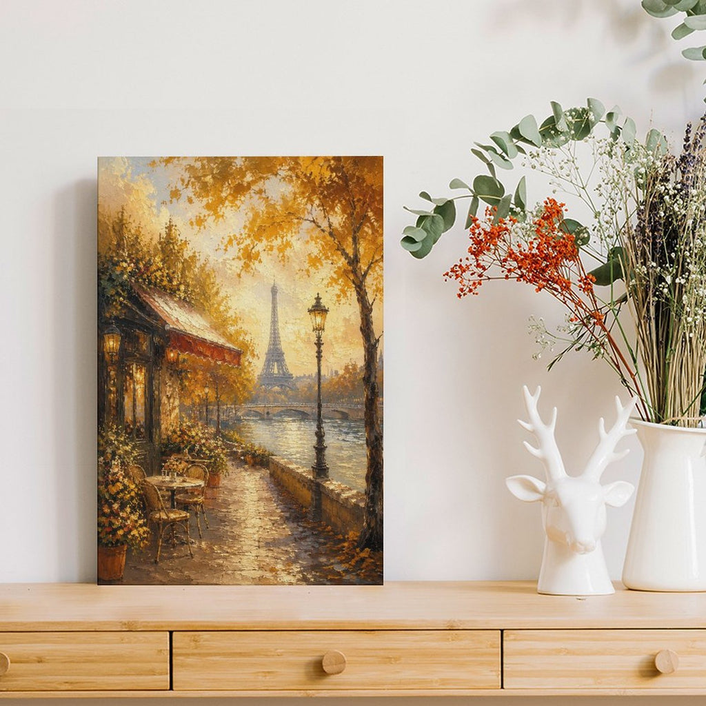 Paris Seine River Autumn Cafe Eiffel Tower Framed Canvas Wall Art | Romantic Impressionist Print