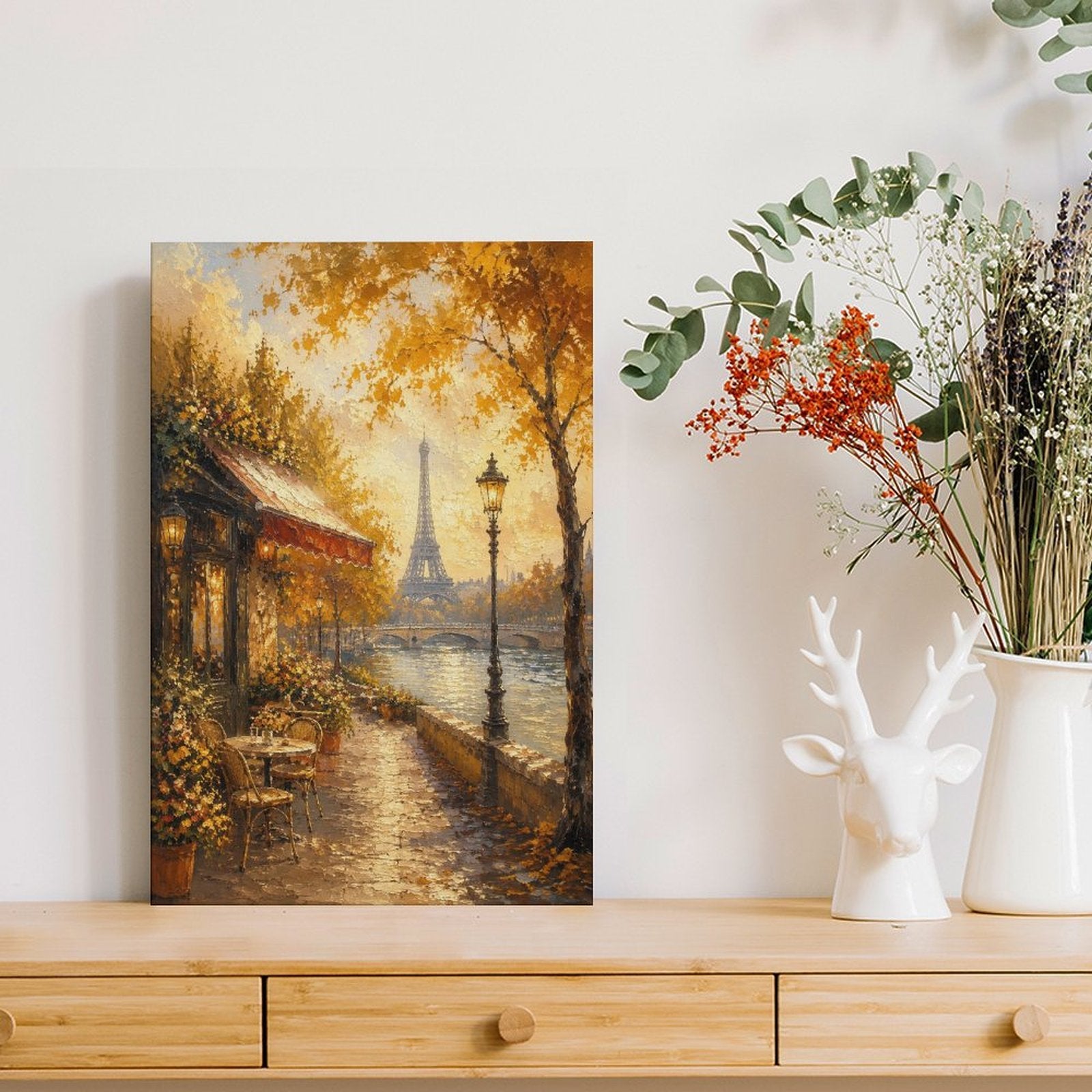 Paris Seine River Autumn Cafe Eiffel Tower Framed Canvas Wall Art | Romantic Impressionist Print