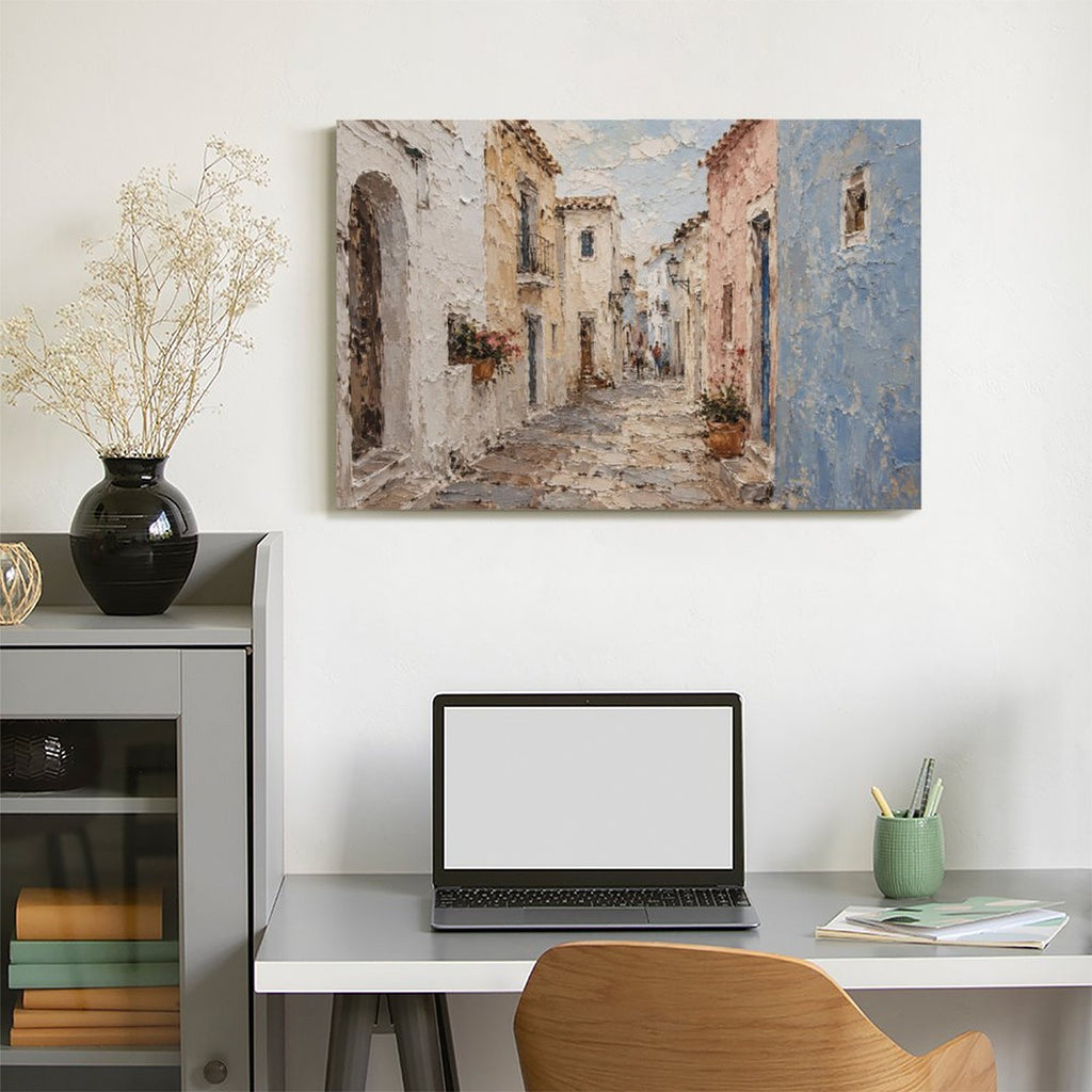 Mediterranean White Village Alley Framed Canvas Wall Art | Textured European Street Print