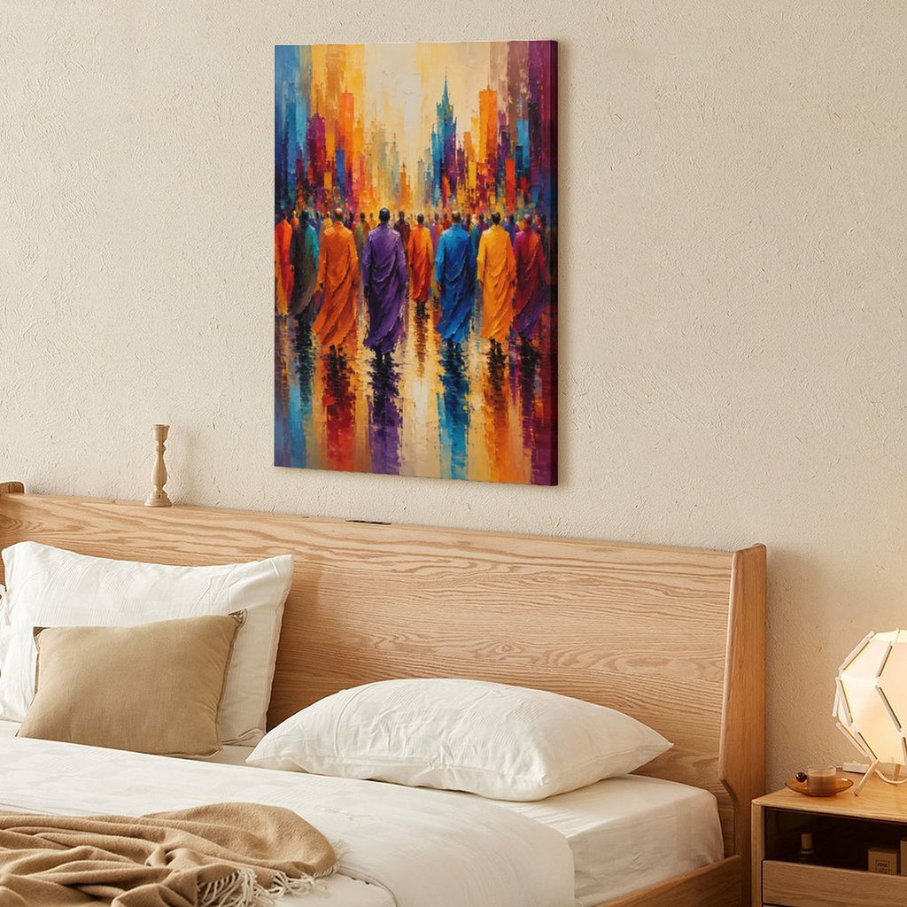 Buddhist Monks Colorful City Walk Framed Canvas Wall Art | Spiritual Expressionist Print
