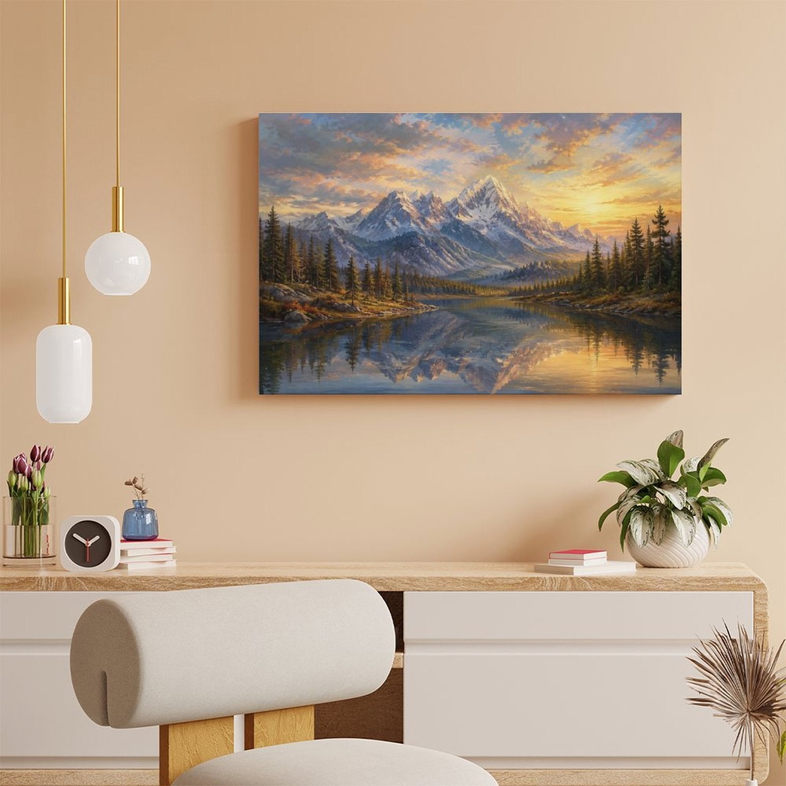Snow Mountain Sunset Lake Reflection Pine Forest Framed Canvas Wall Art | Old Master Landscape Print