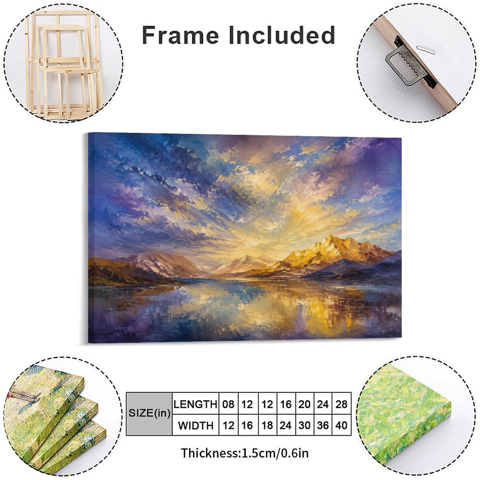 Purple Gold Dramatic Sky Mountain Lake Framed Canvas Wall Art | Impressionist Landscape Print
