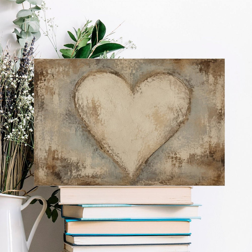 Rustic Cream Heart Textured Framed Canvas Wall Art | Vintage Romantic Love Print