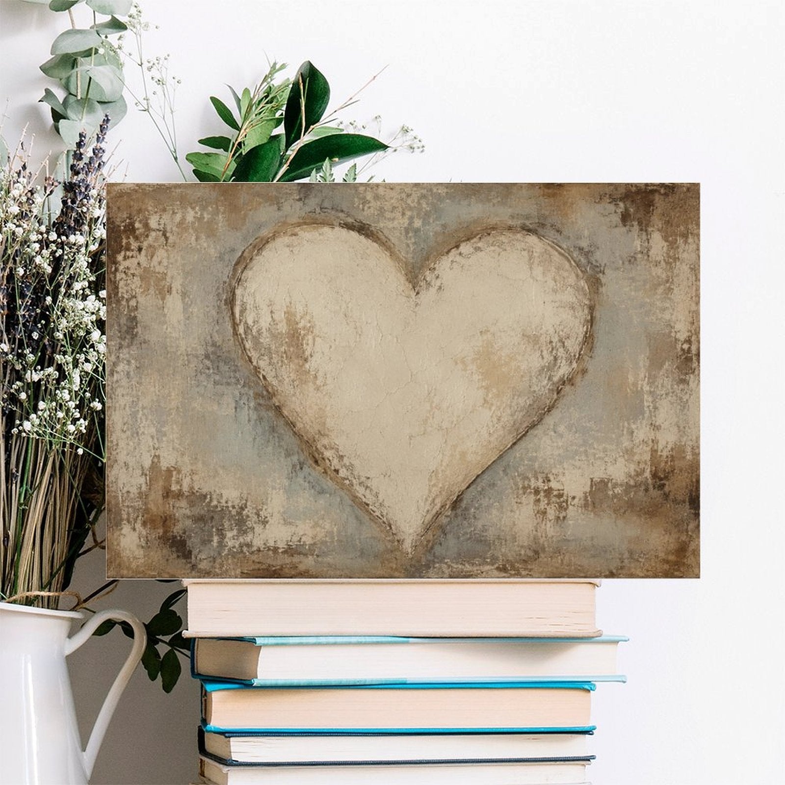Rustic Cream Heart Textured Framed Canvas Wall Art | Vintage Romantic Love Print