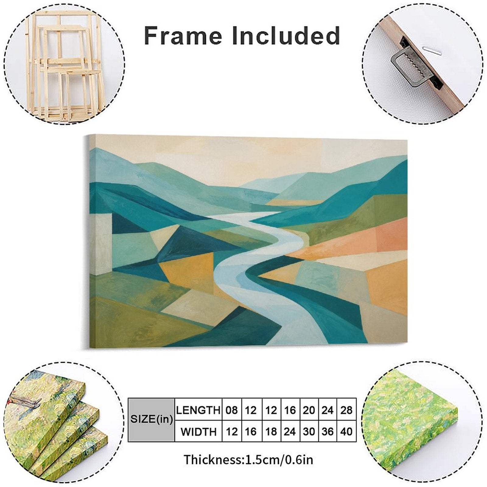 Geometric Abstract Valley River Framed Canvas Wall Art | Mid-Century Modern Landscape Print