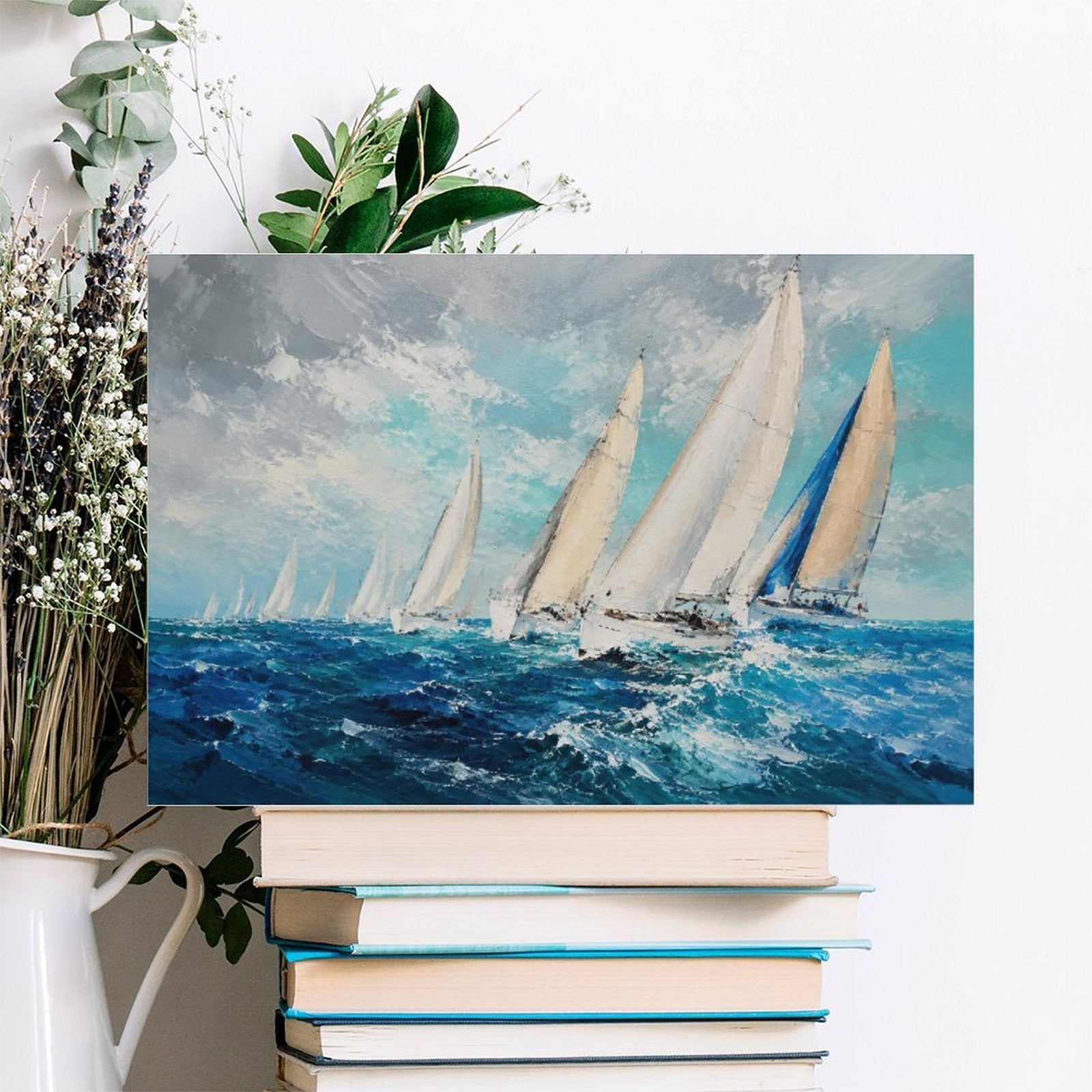 Sailing Regatta Ocean Race Framed Canvas Wall Art | Impressionist Nautical Seascape Print