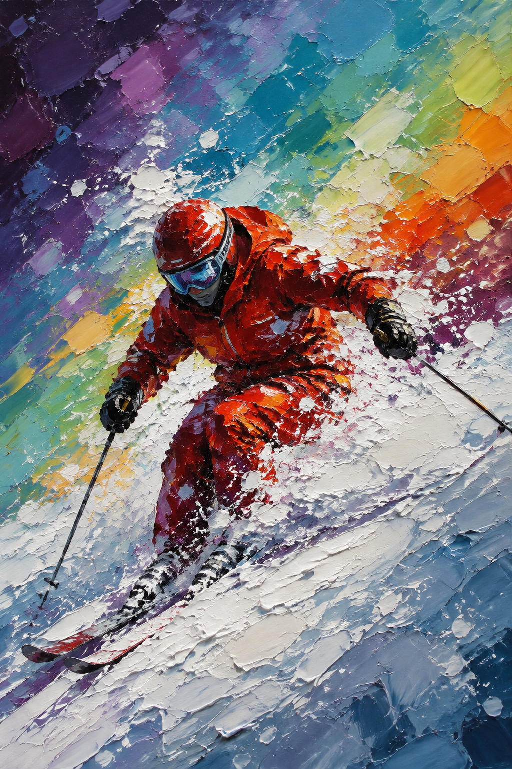 Dynamic Skier Red Suit Colorful Abstract Framed Canvas Wall Art | Winter Sports Textured Print