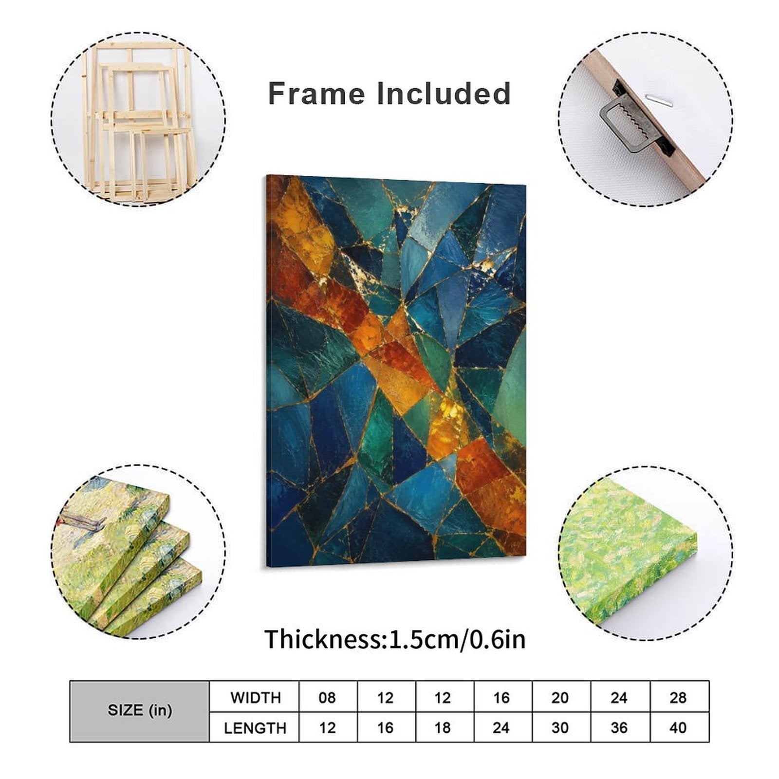 Teal Orange Gold Mosaic Stained Glass Abstract Framed Canvas Wall Art | Jewel Tone Geometric Print