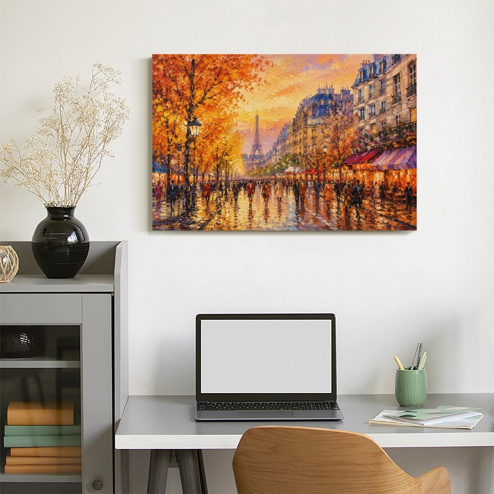 Paris Autumn Street Eiffel Tower Cafe Framed Canvas Wall Art | Impressionist French City Print