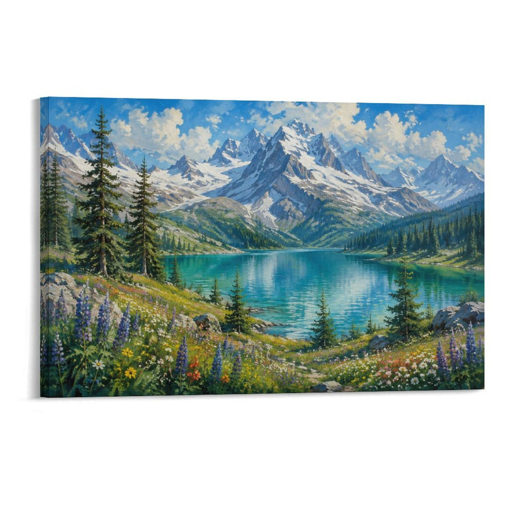 Alpine Turquoise Lake Wildflower Meadow Mountain Landscape Framed Canvas Wall Art