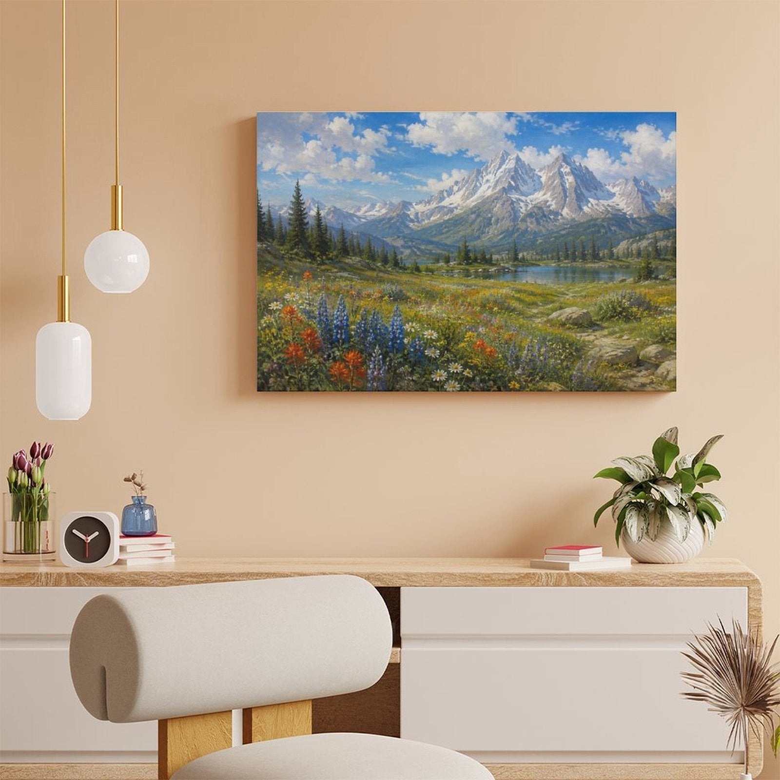 Alpine Wildflower Meadow Snow Mountain Lake Framed Canvas Wall Art | Realist Mountain Landscape Print