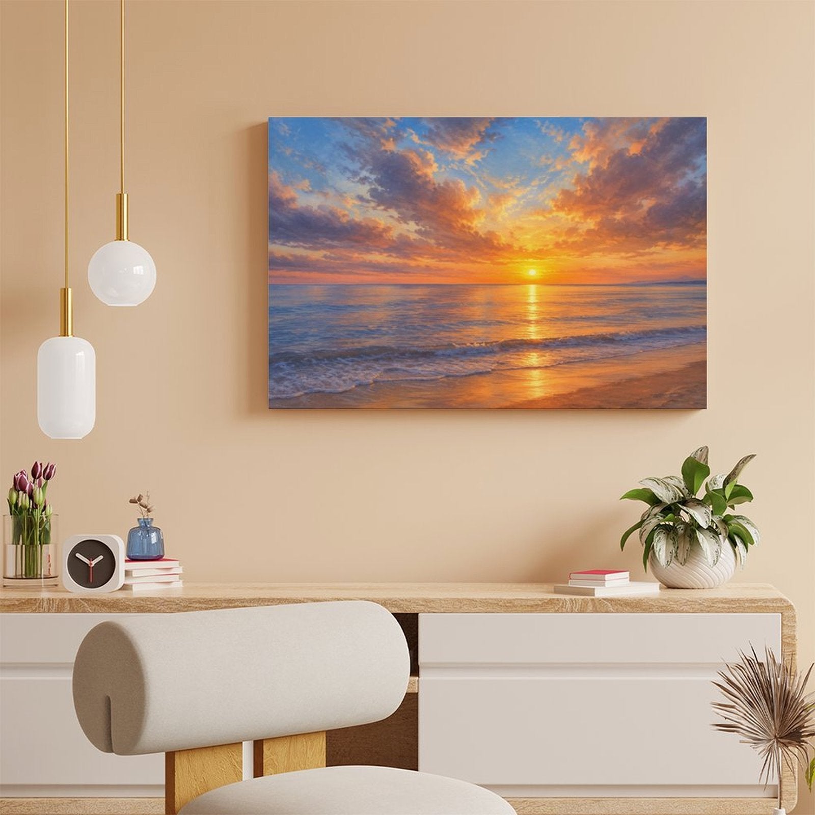 Golden Beach Sunset Framed Canvas Wall Art | Coastal Ocean Seascape Oil Painting Print