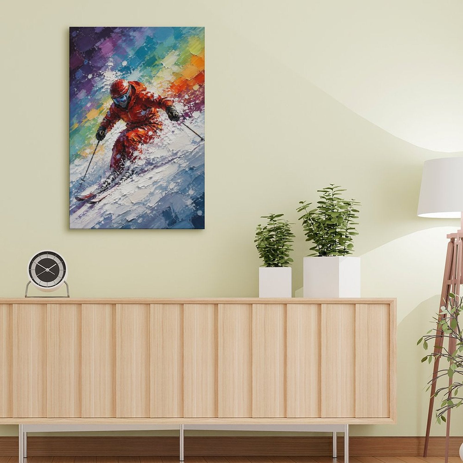 Dynamic Skier Red Suit Colorful Abstract Framed Canvas Wall Art | Winter Sports Textured Print