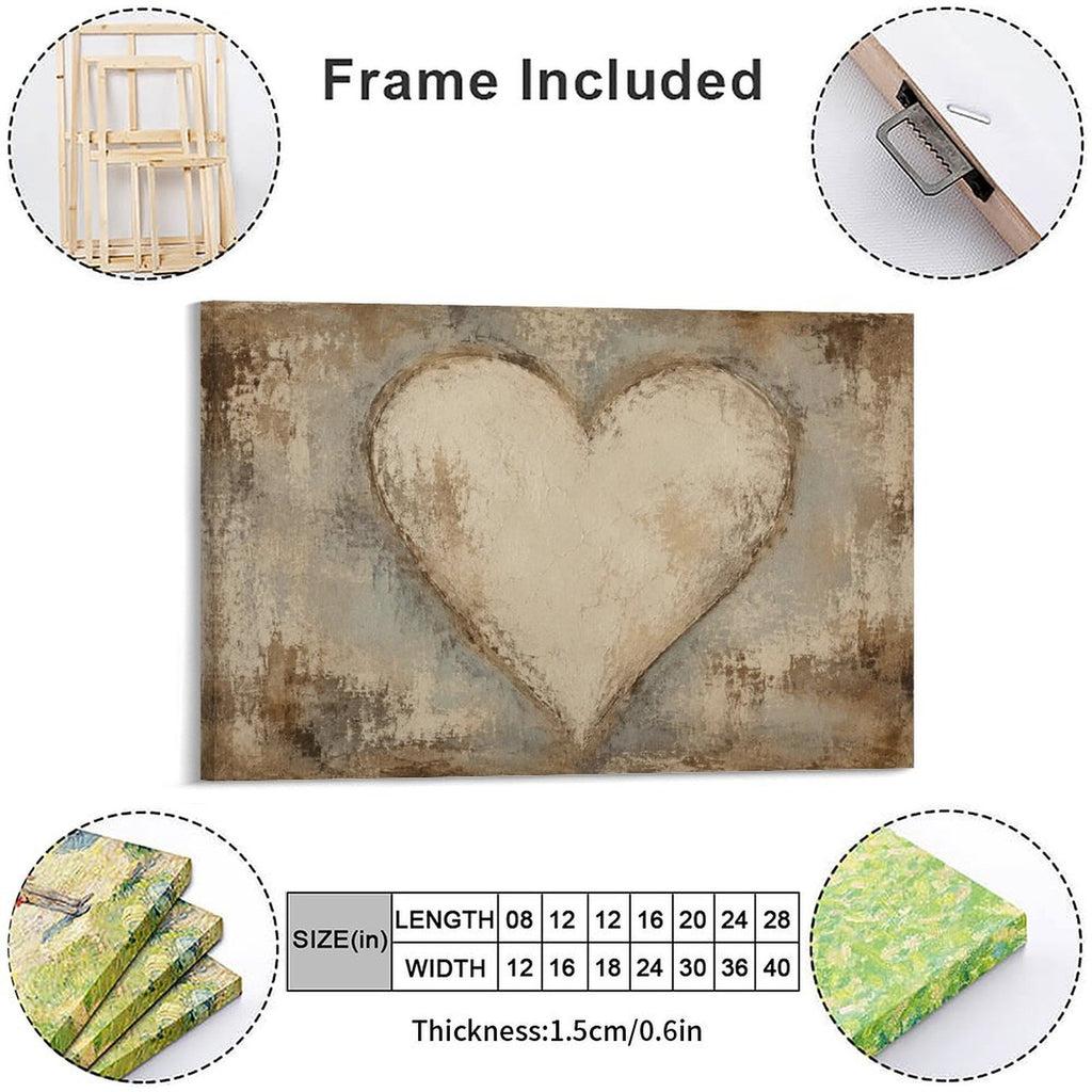Rustic Cream Heart Textured Framed Canvas Wall Art | Vintage Romantic Love Print