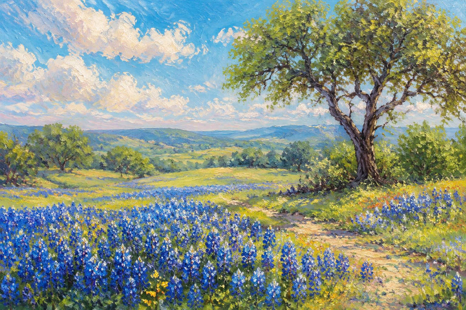 Texas Bluebonnet Field Oak Tree Framed Canvas Wall Art | Impressionist Spring Meadow Print