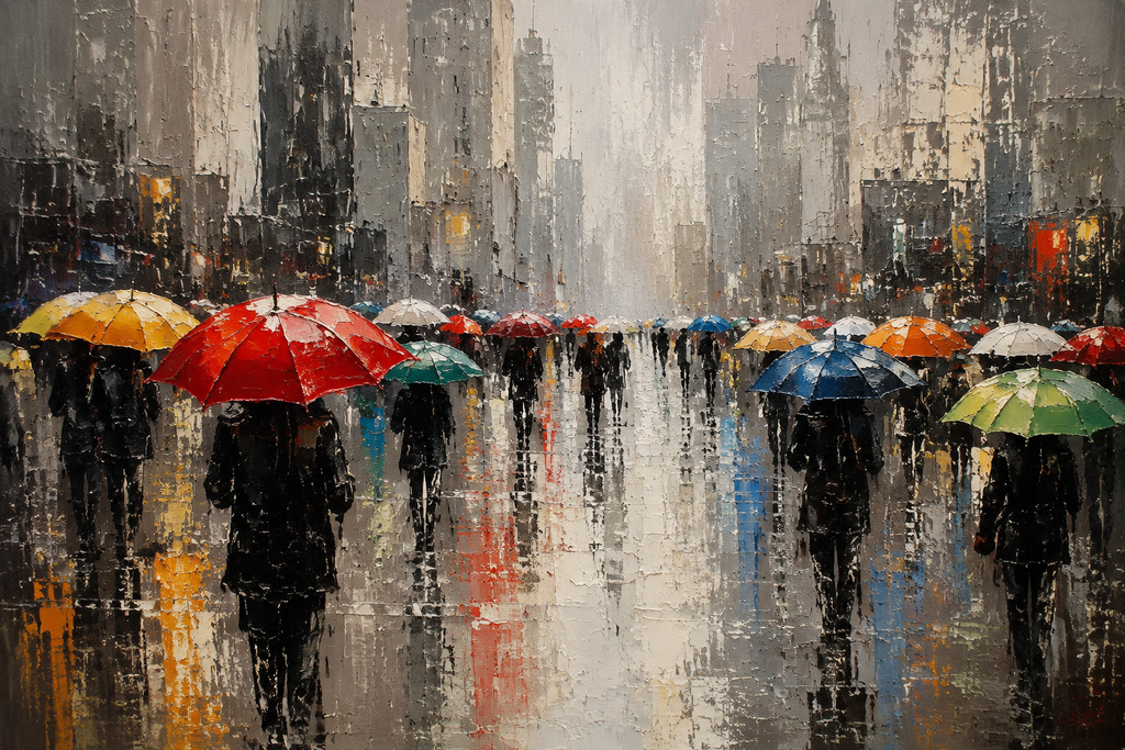 Rainy City Street Colorful Umbrellas Framed Canvas Wall Art | Impressionist Urban Scene Print