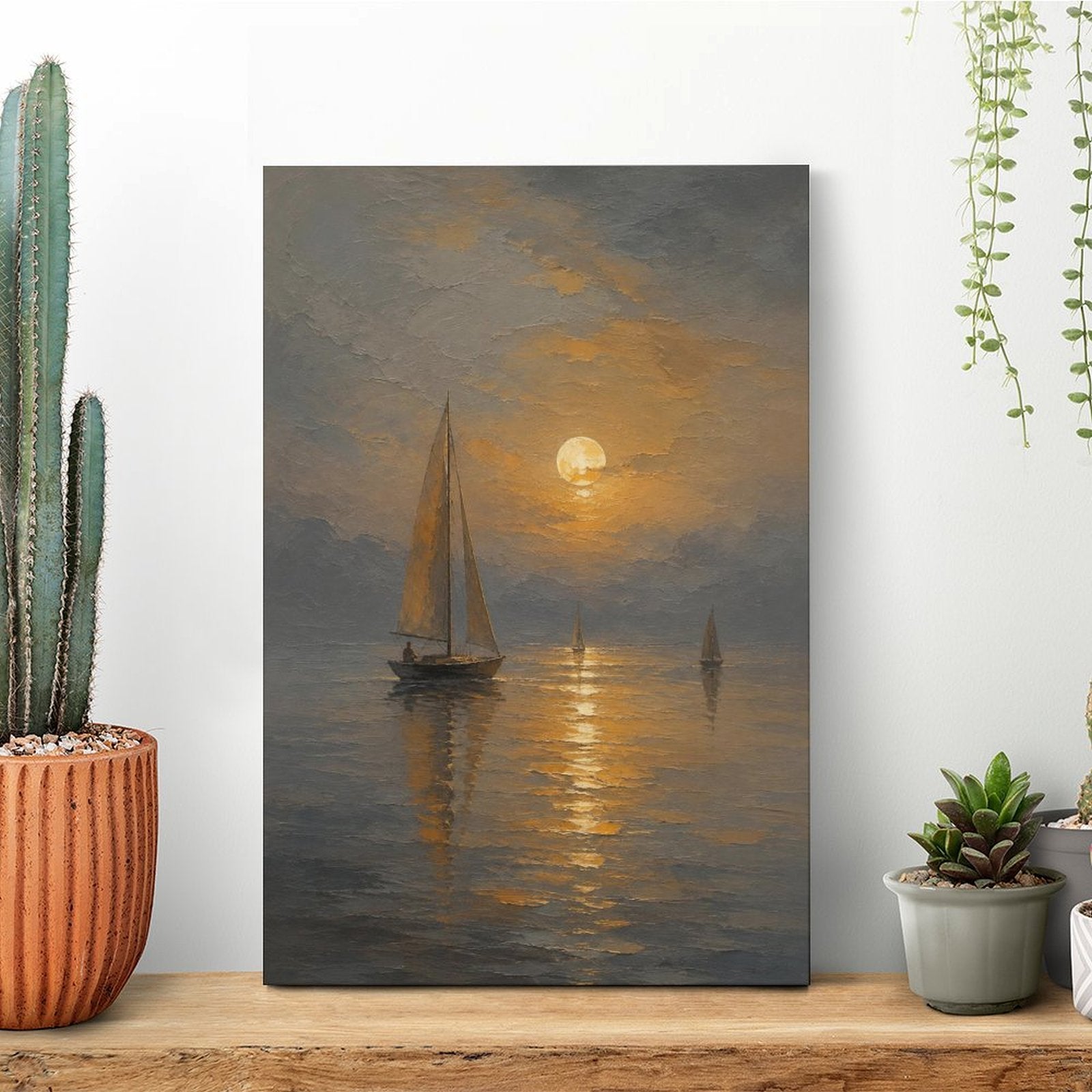 Moonlit Sailboat Misty Sea Framed Canvas Wall Art | Old Master Nocturnal Seascape Print
