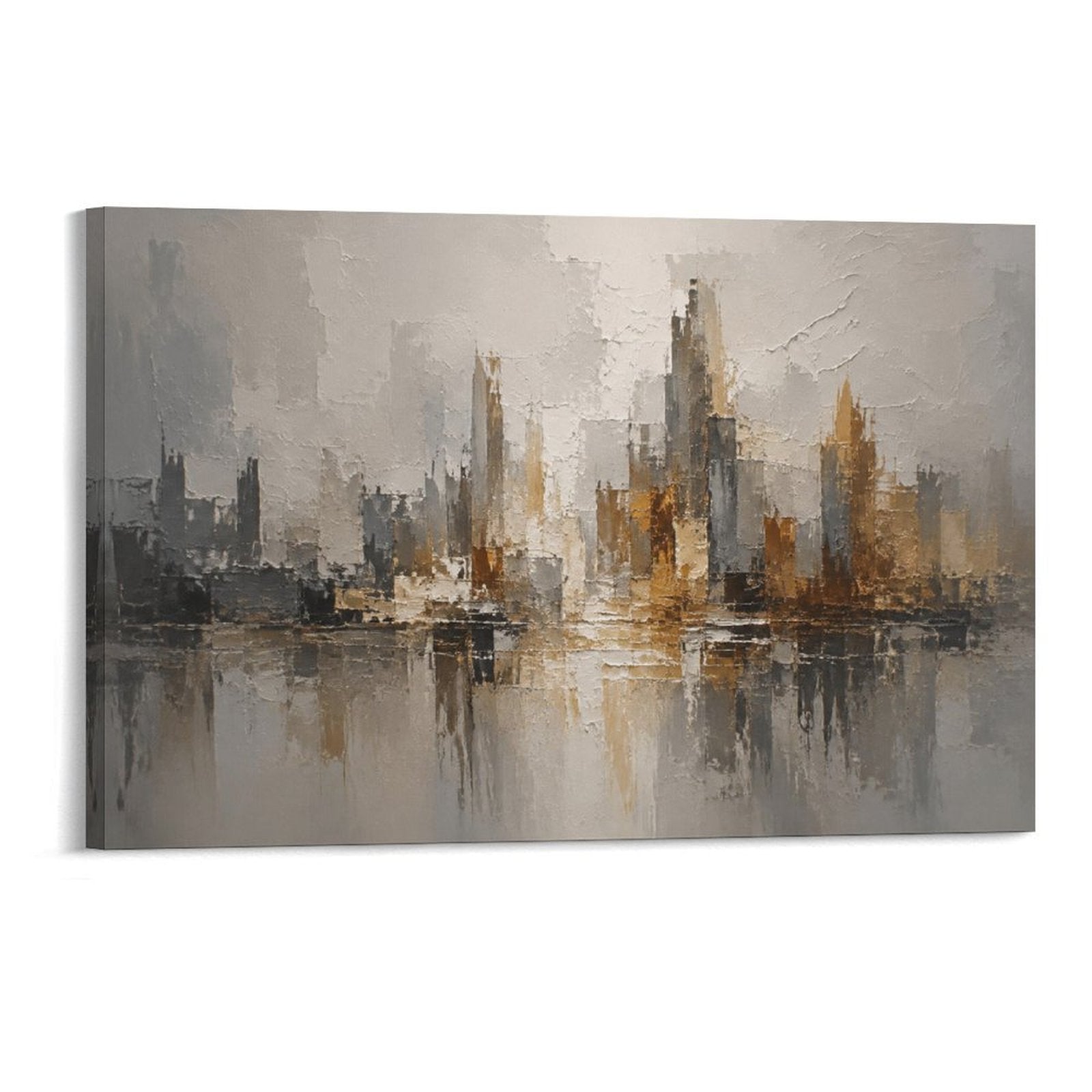 Abstract City Skyline Gold Grey Modern Urban Textured Landscape Framed Canvas Wall Art