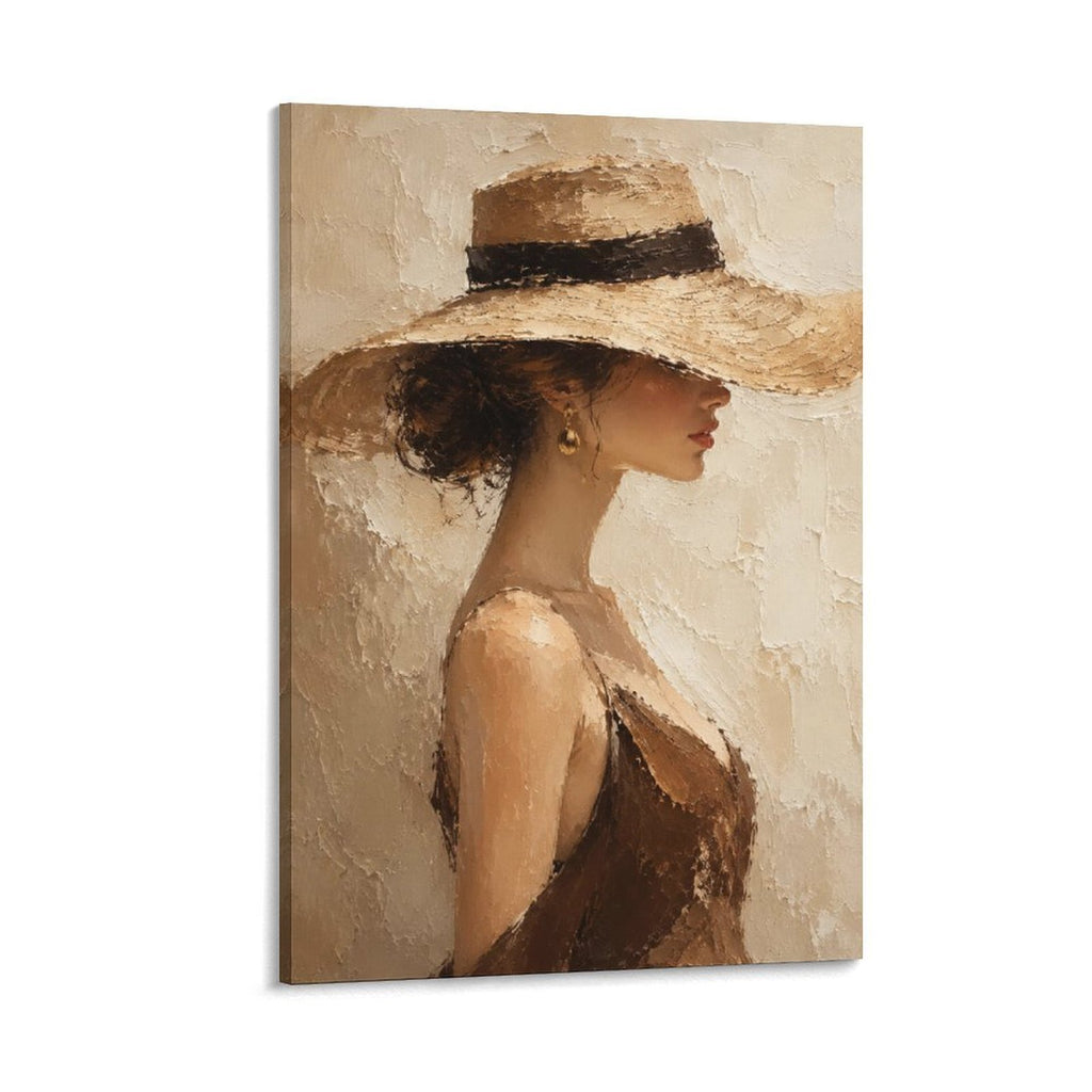 Elegant Woman Wide Brim Hat Textured Neutral Figurative Portrait Framed Canvas Wall Art