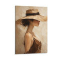 Elegant Woman Wide Brim Hat Textured Neutral Figurative Portrait Framed Canvas Wall Art