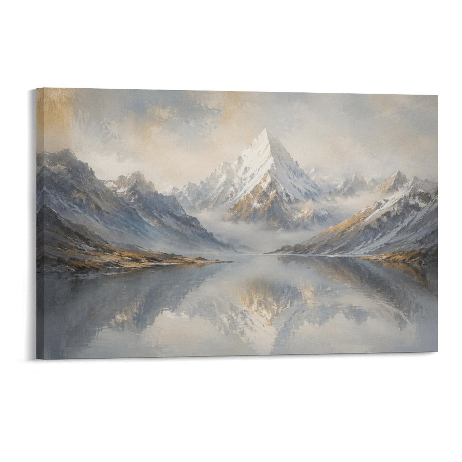 Misty Snow Mountain Lake Reflection Nordic Minimalist Landscape Framed Canvas Wall Art