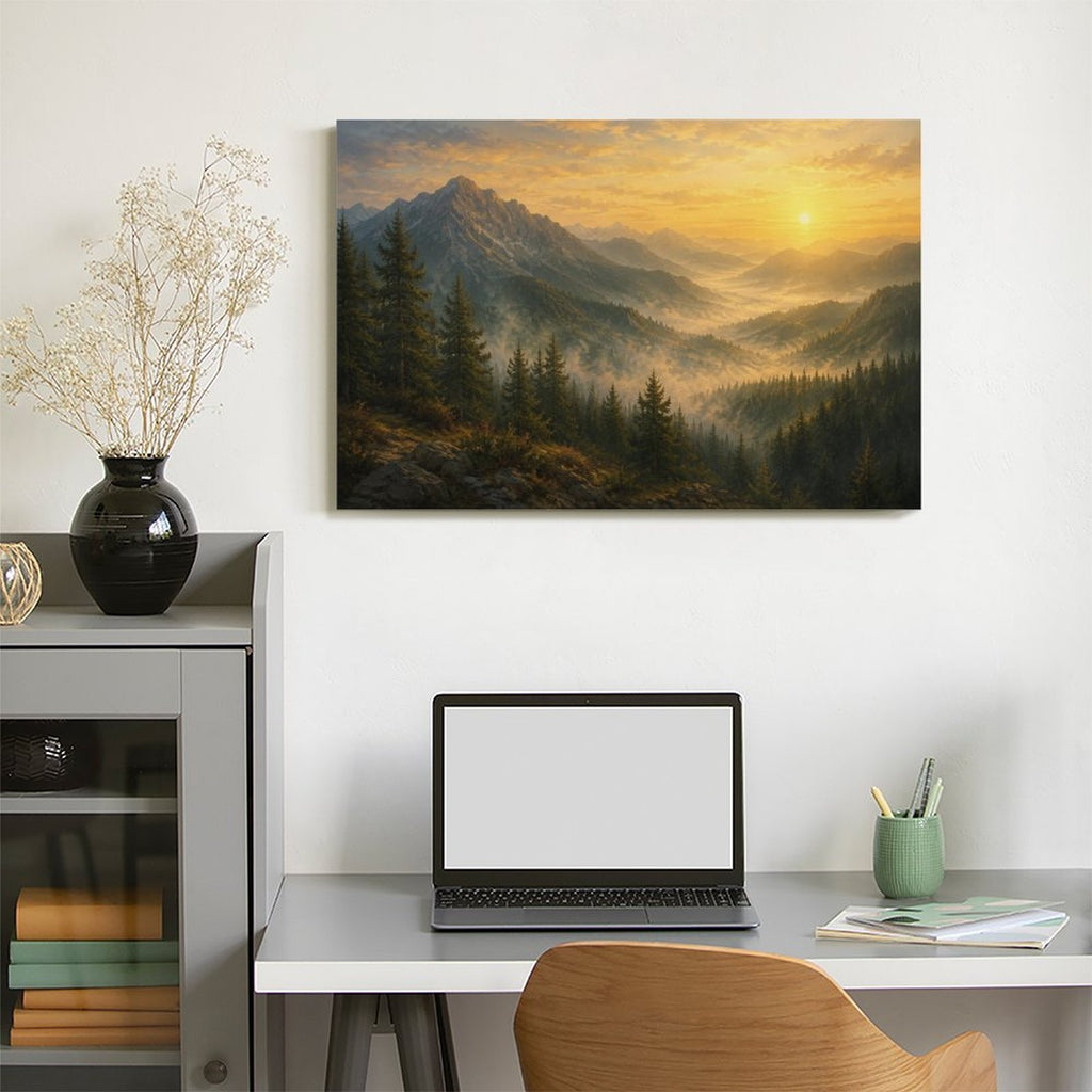 Alpine Mountain Valley Sunrise Framed Canvas Wall Art | Old Master Golden Landscape Print