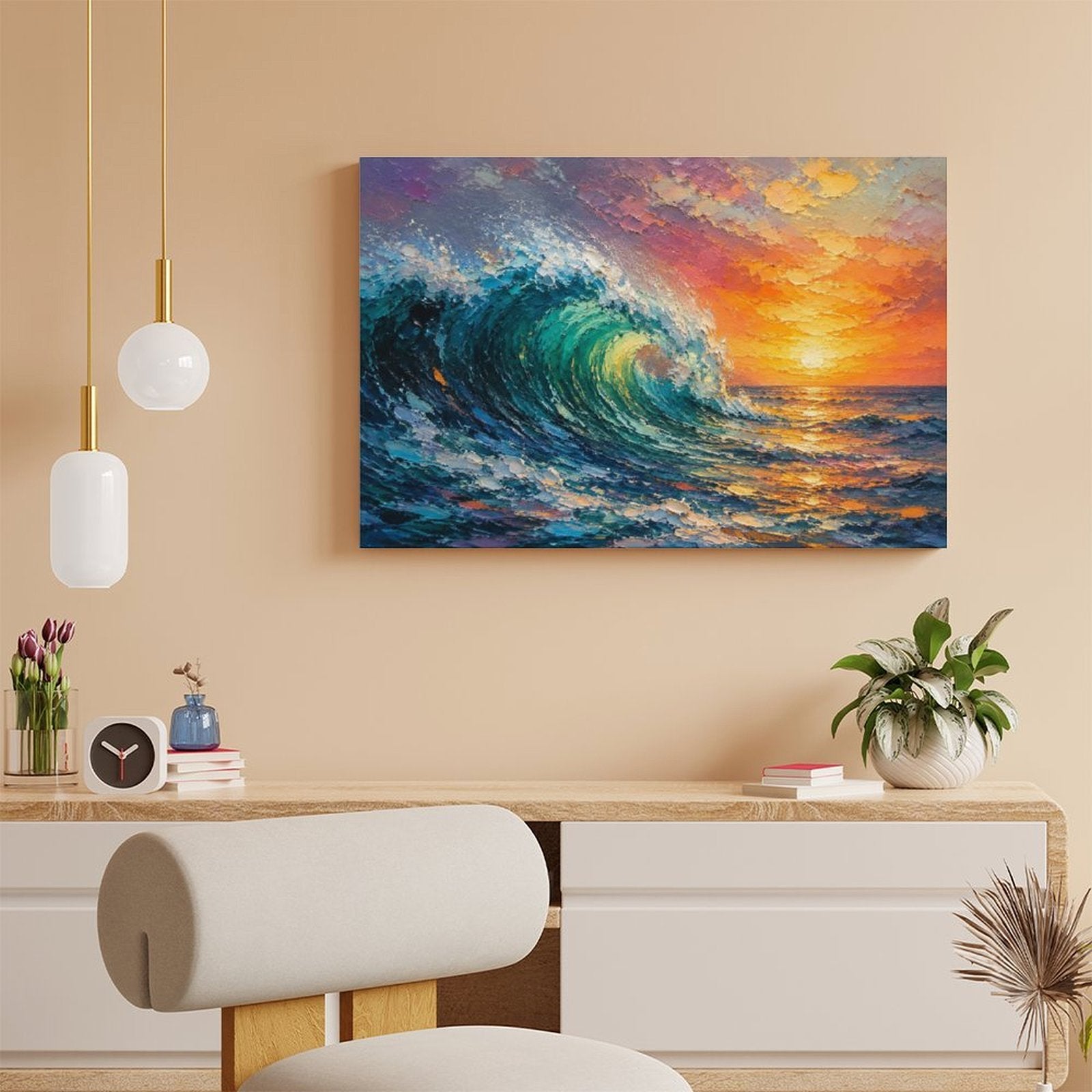 Crashing Ocean Wave Sunset Framed Canvas Wall Art | Impressionist Seascape Print