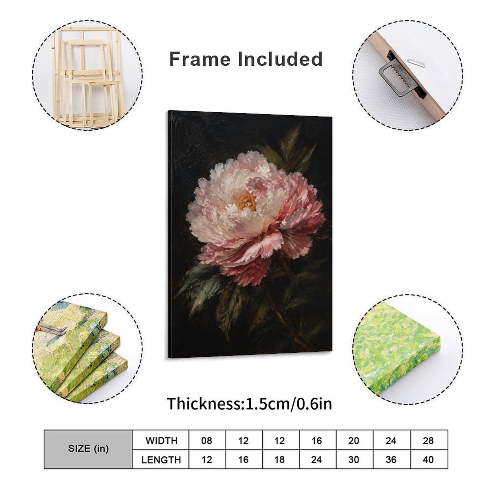 Pink Peony Dark Background Dutch Master Framed Canvas Wall Art | Old Master Floral Still Life Print