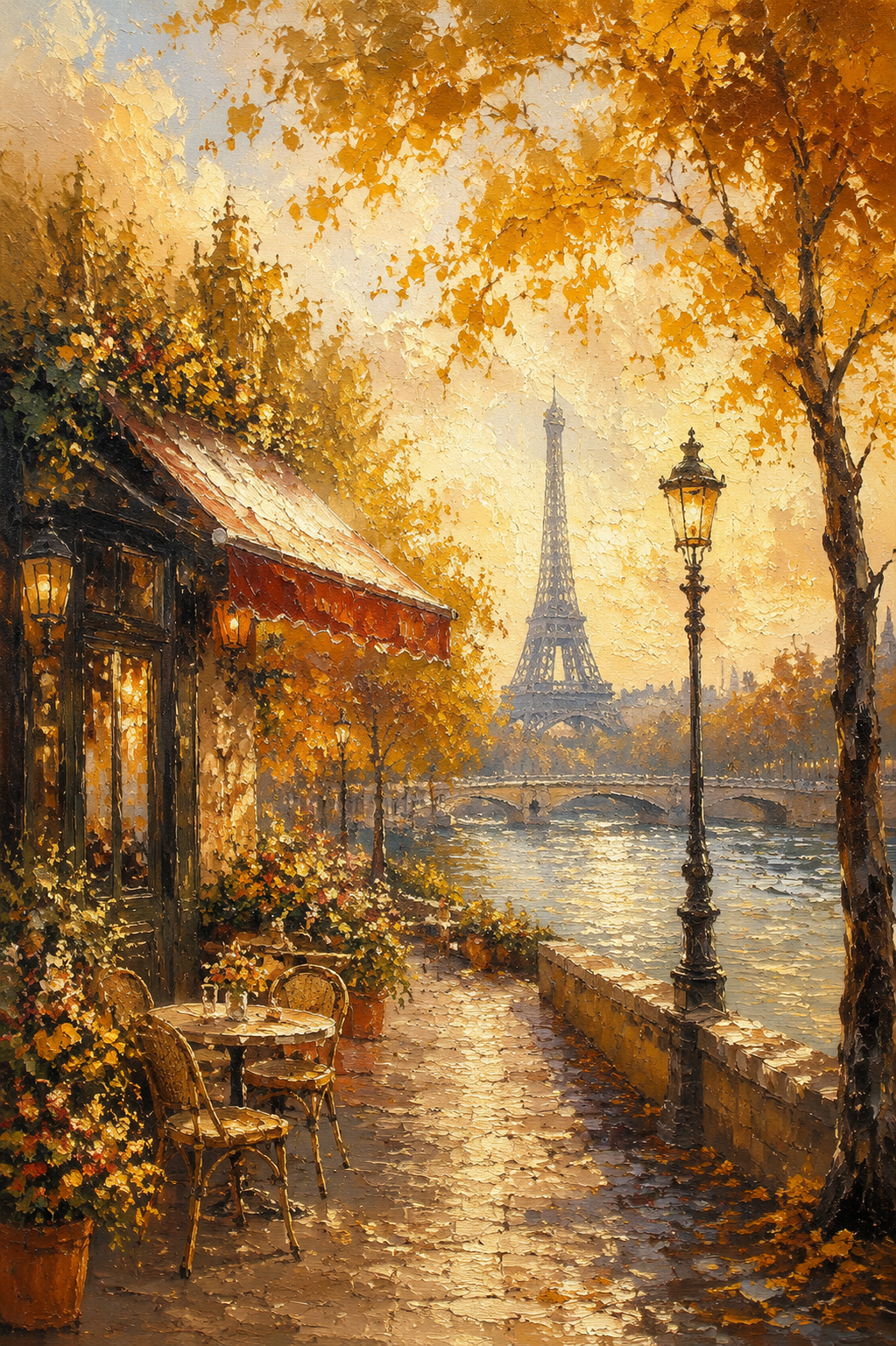 Paris Seine River Autumn Cafe Eiffel Tower Framed Canvas Wall Art | Romantic Impressionist Print