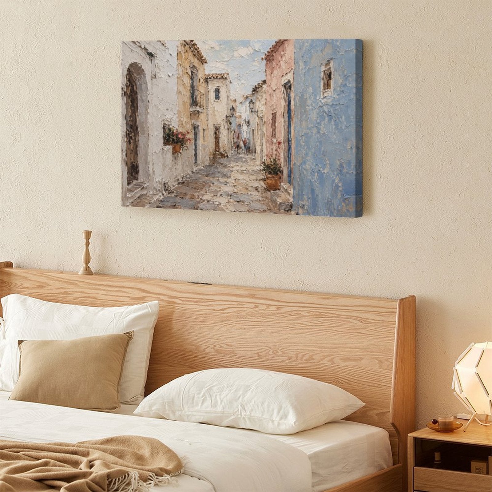 Mediterranean White Village Alley Framed Canvas Wall Art | Textured European Street Print