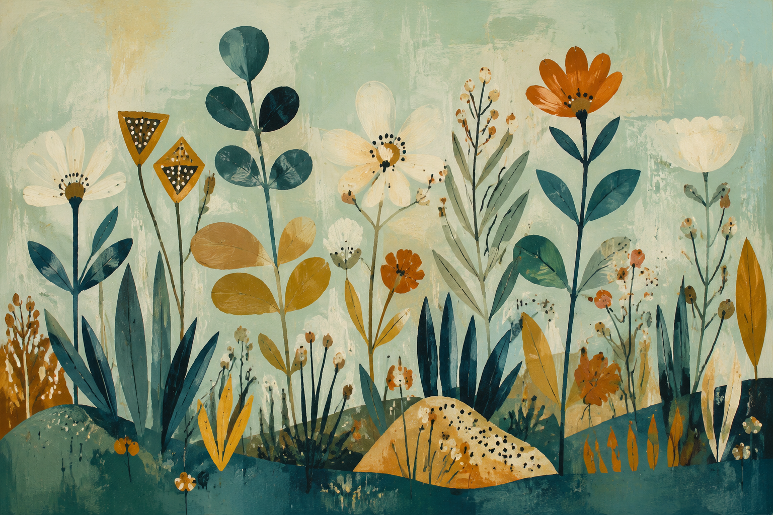 Nordic Folk Art Wildflower Botanical Framed Canvas Wall Art | Teal Gold Vintage Illustration Print