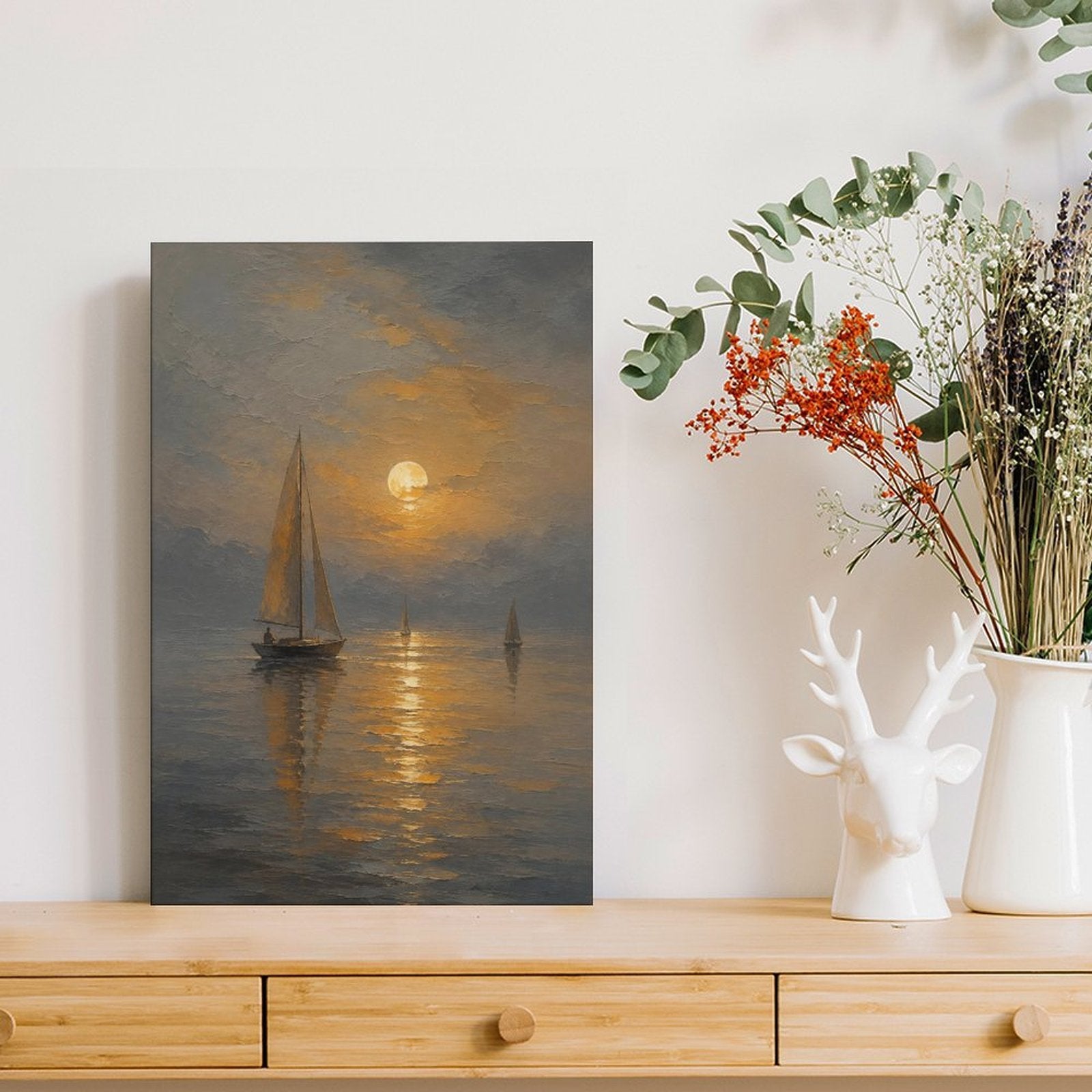 Moonlit Sailboat Misty Sea Framed Canvas Wall Art | Old Master Nocturnal Seascape Print