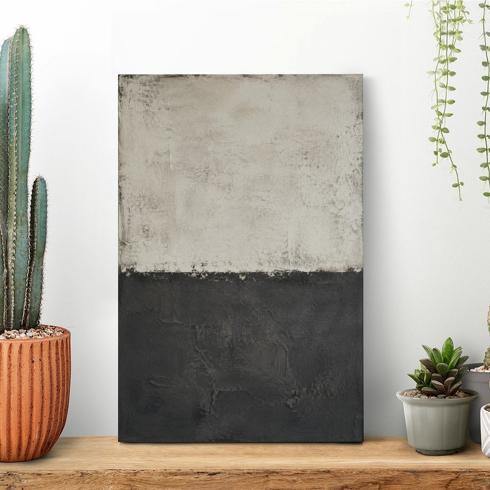 Cream Charcoal Minimalist Abstract Textured Framed Canvas Wall Art | Wabi-Sabi Neutral Print