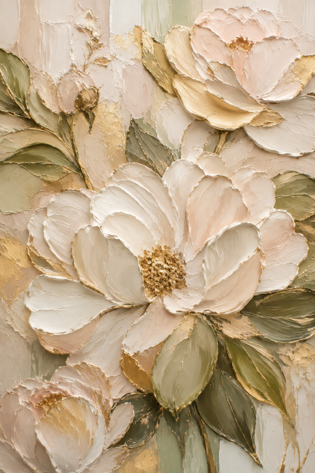 Cream Gold Peony Textured Framed Canvas Wall Art | Luxury Floral Relief Print