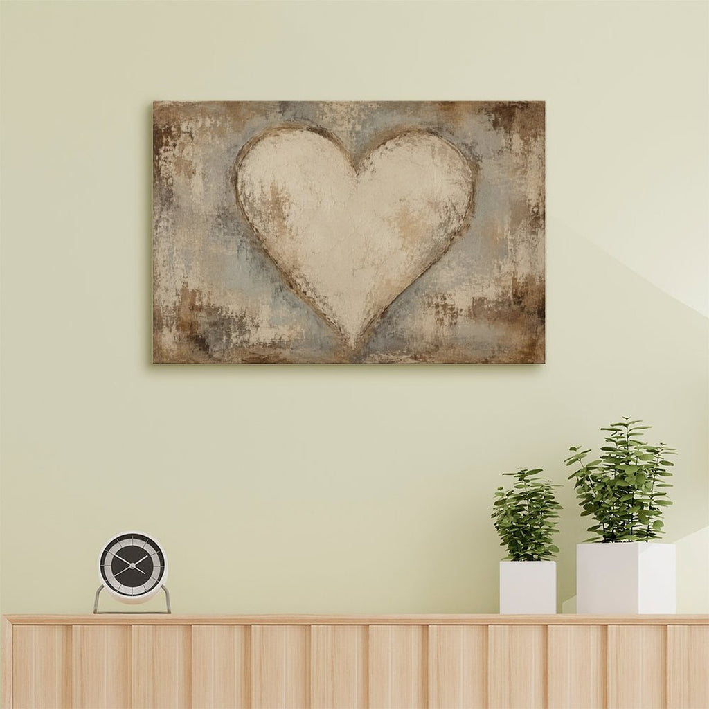Rustic Cream Heart Textured Framed Canvas Wall Art | Vintage Romantic Love Print
