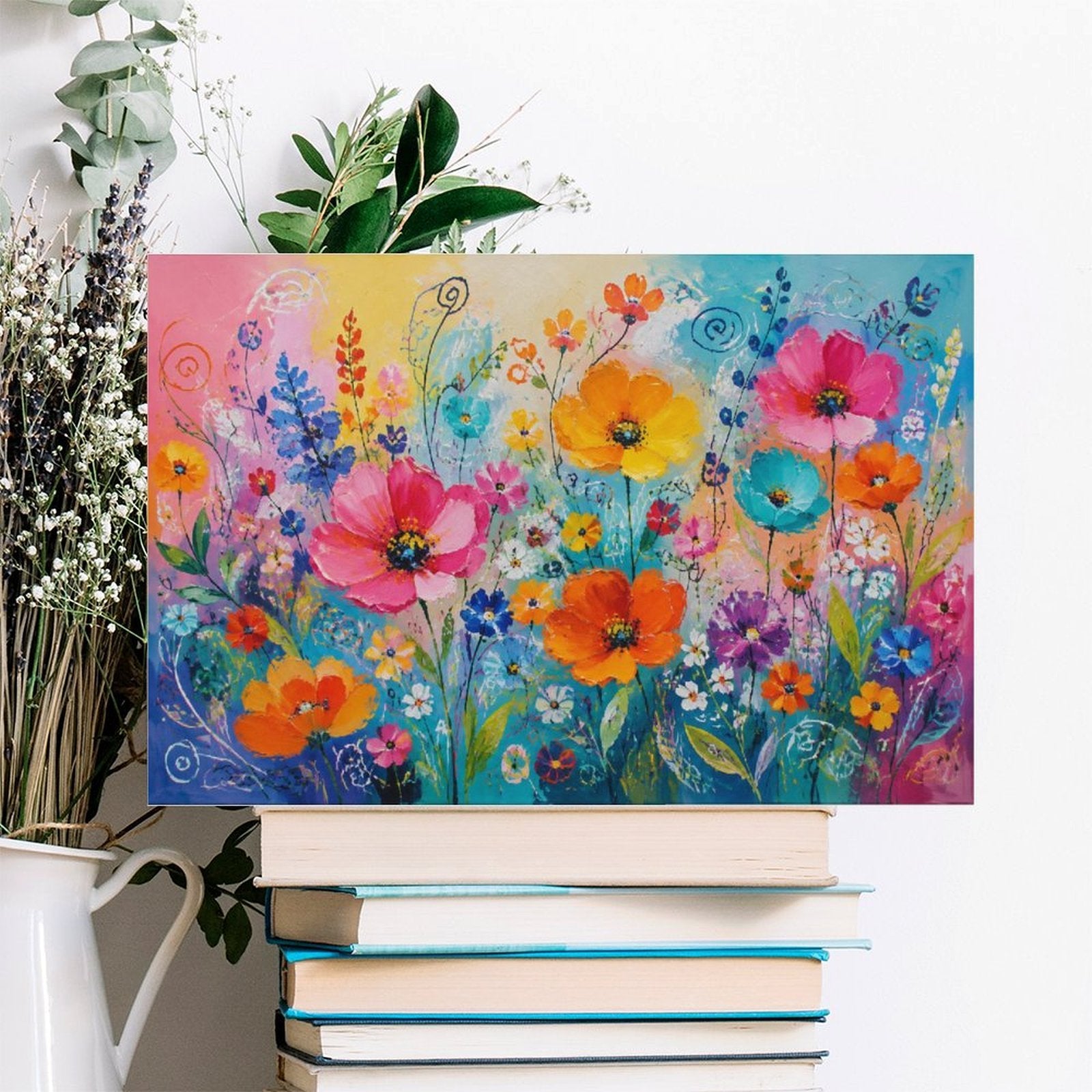 Colorful Wildflower Garden Framed Canvas Wall Art | Joyful Floral Rainbow Print