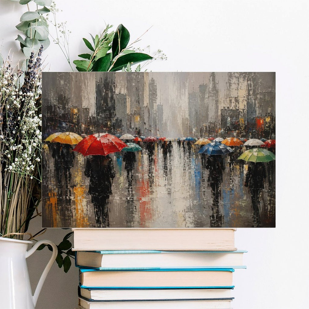 Rainy City Street Colorful Umbrellas Framed Canvas Wall Art | Impressionist Urban Scene Print