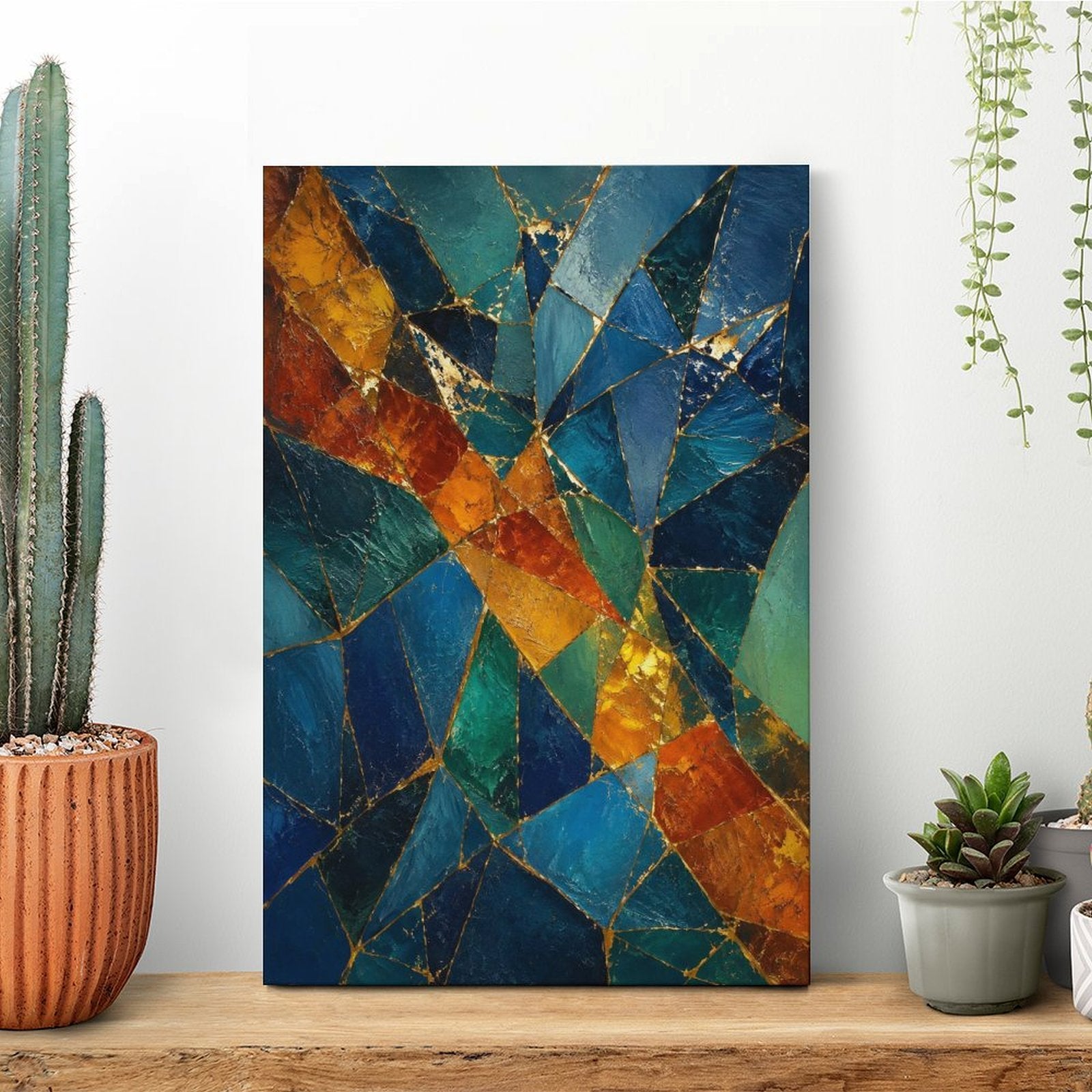Teal Orange Gold Mosaic Stained Glass Abstract Framed Canvas Wall Art | Jewel Tone Geometric Print