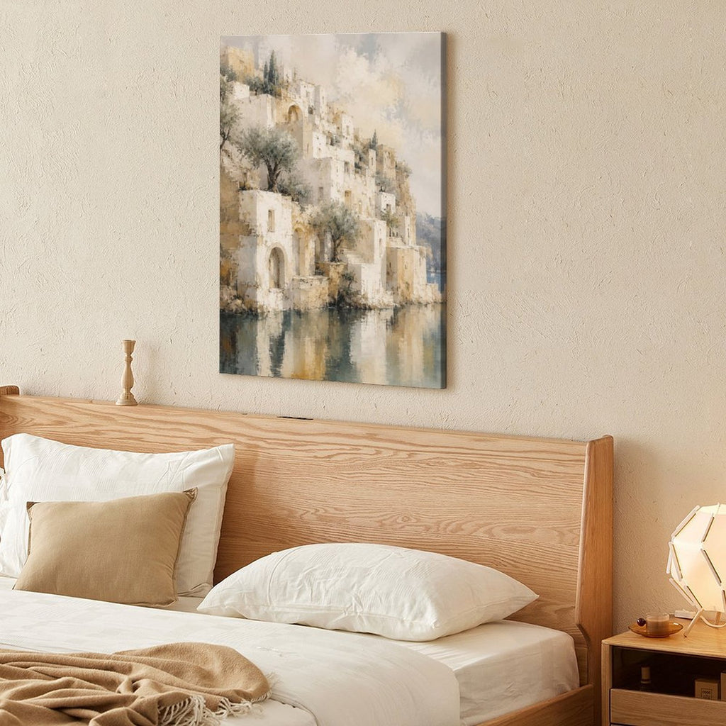 Mediterranean Waterfront Village Framed Canvas Wall Art | Vintage Watercolor Architecture Print