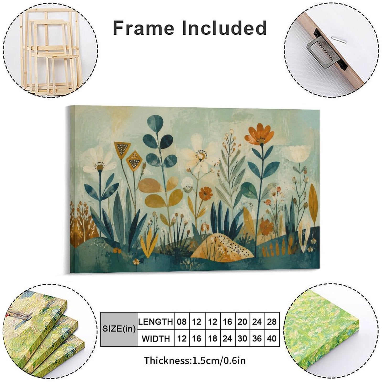 Nordic Folk Art Wildflower Botanical Framed Canvas Wall Art | Teal Gold Vintage Illustration Print