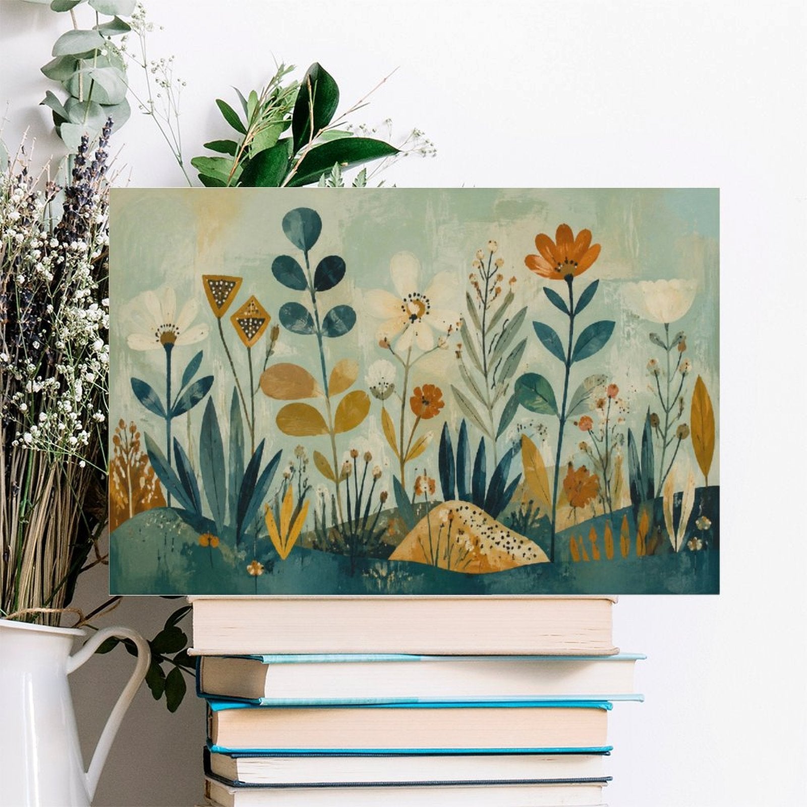 Nordic Folk Art Wildflower Botanical Framed Canvas Wall Art | Teal Gold Vintage Illustration Print