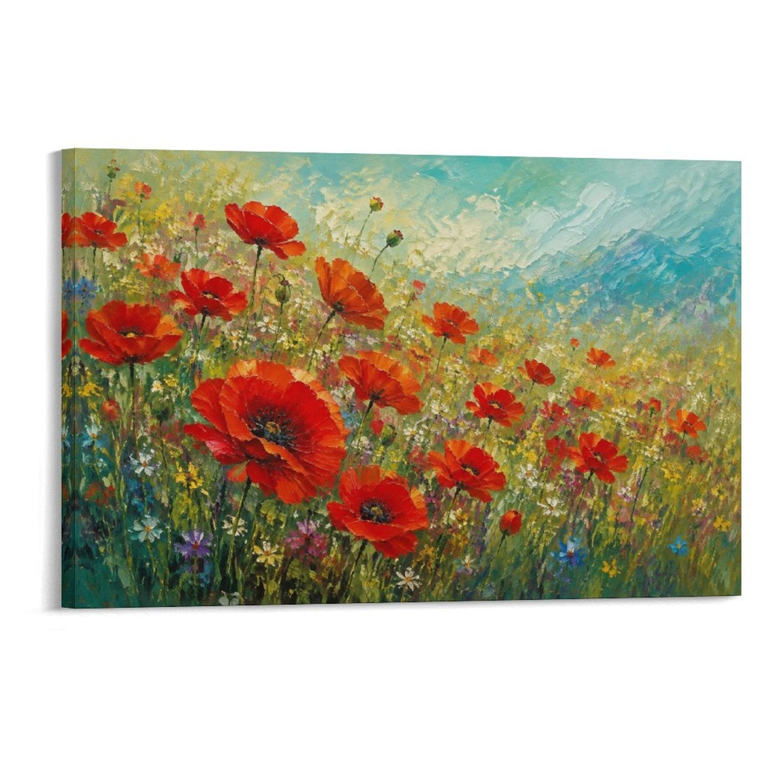 Red Poppy Wildflower Meadow Impressionist Floral Field Framed Canvas Wall Art