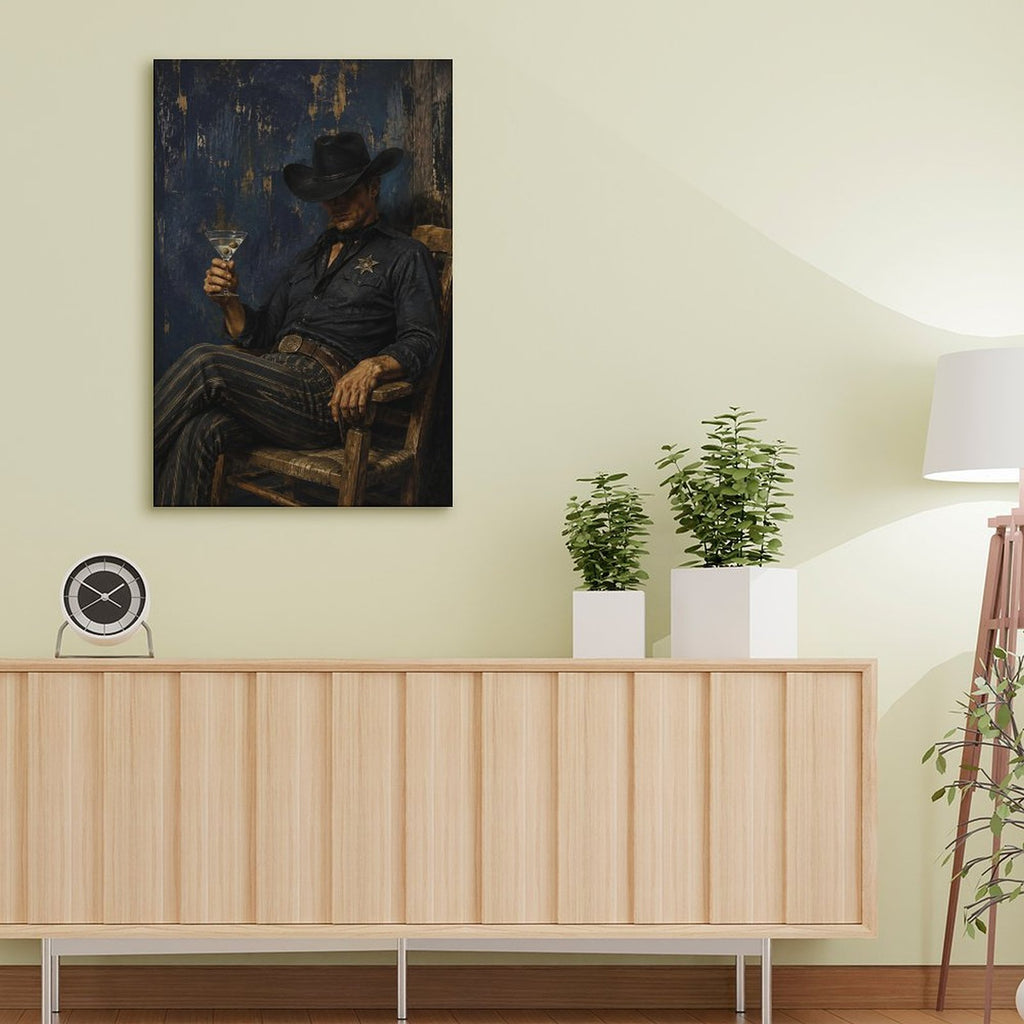 Cowboy Sheriff Martini Dark Blue Vintage Framed Canvas Wall Art | Western Noir Figurative Print