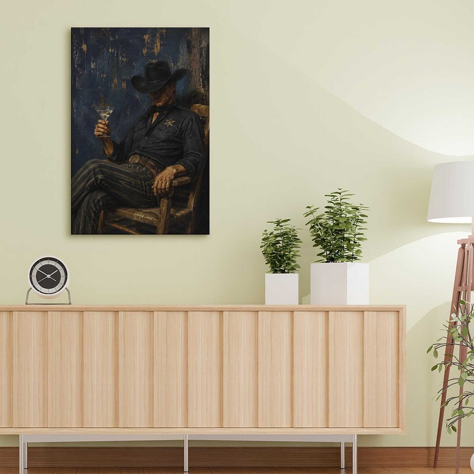 Cowboy Sheriff Martini Dark Blue Vintage Framed Canvas Wall Art | Western Noir Figurative Print
