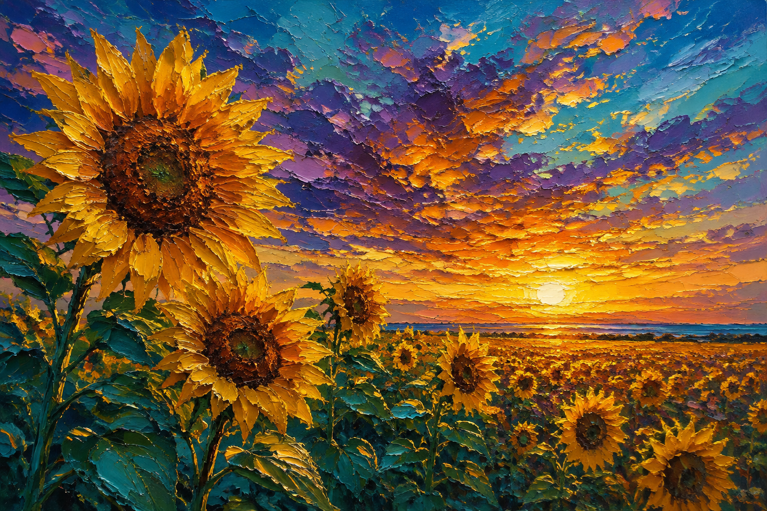 Sunflower Field Sunset Framed Canvas Wall Art | Impressionist Floral Landscape Print