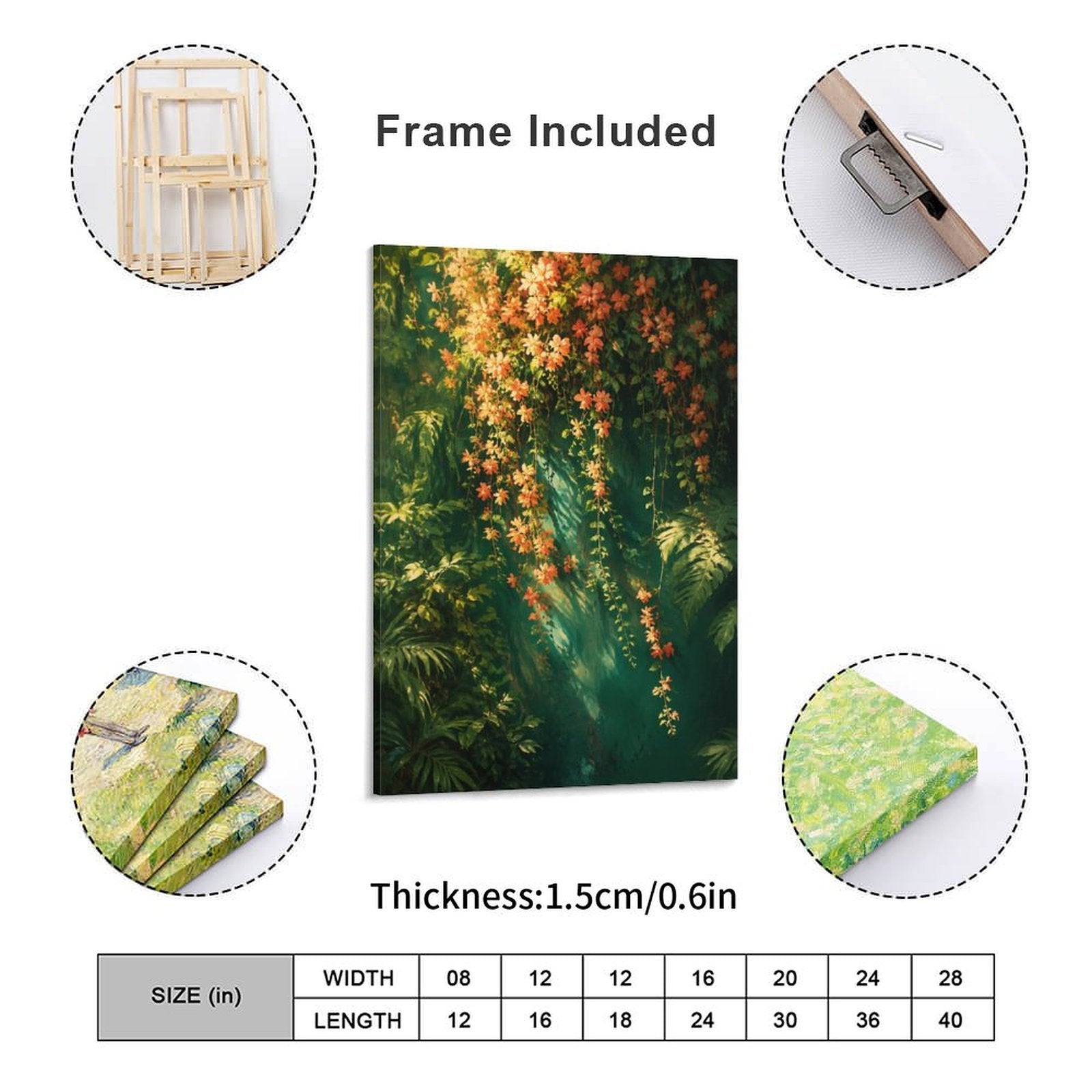 Tropical Rainforest Hanging Orange Flowers Framed Canvas Wall Art | Lush Botanical Nature Print