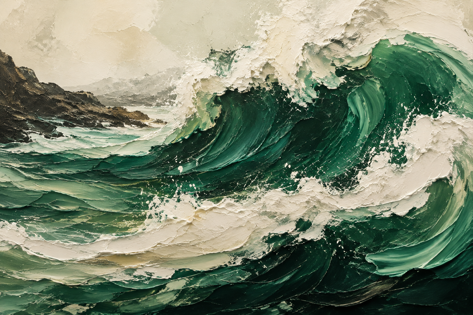 Deep Emerald Ocean Wave Textured Framed Canvas Wall Art | Vintage Coastal Seascape Print