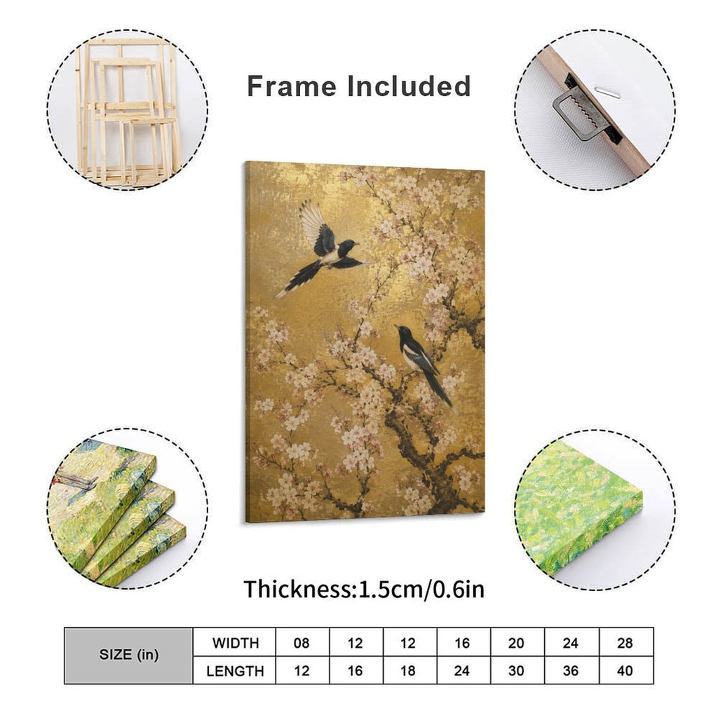 Magpies & Cherry Blossom Gold Framed Canvas Wall Art | Asian Floral Bird Print