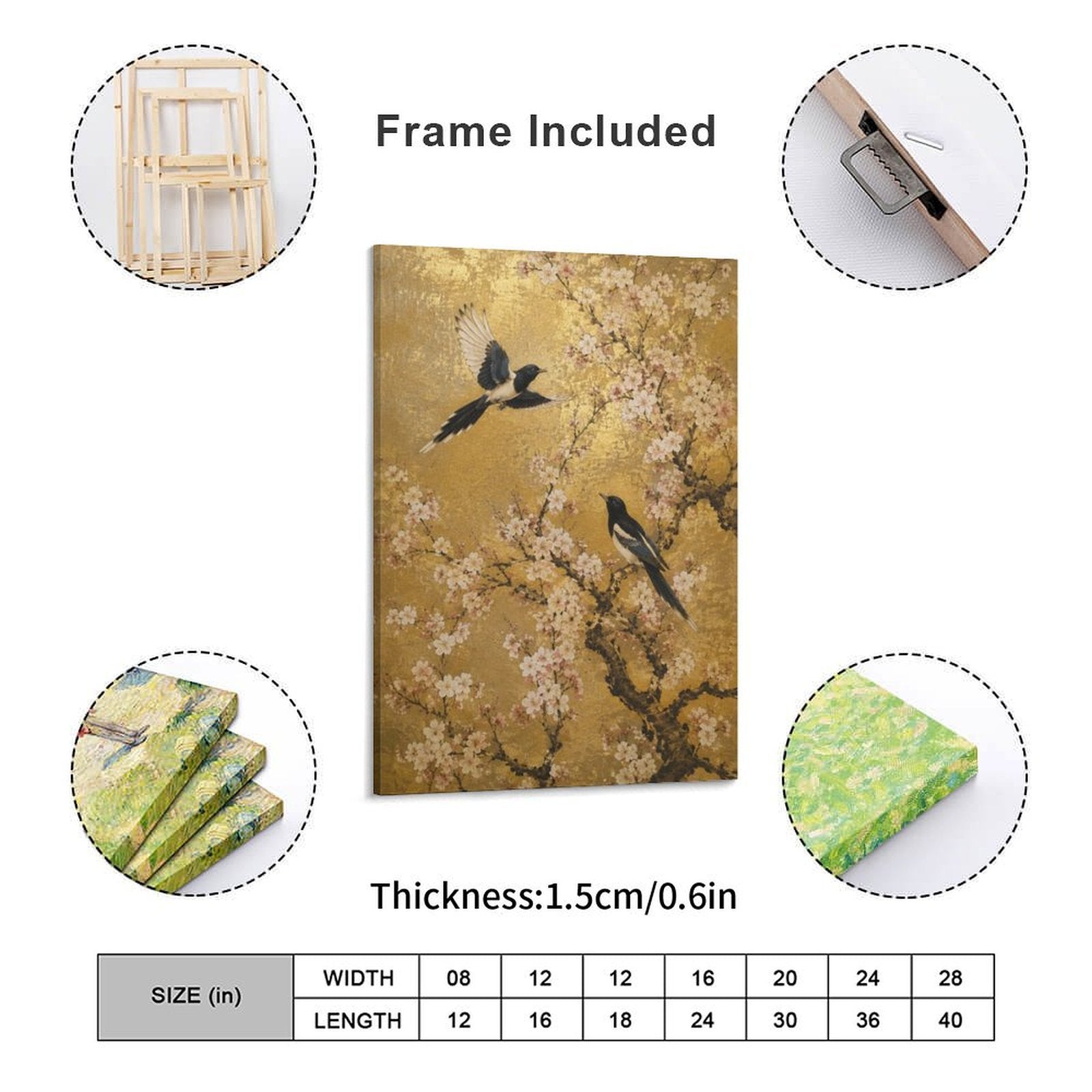 Magpies & Cherry Blossom Gold Framed Canvas Wall Art | Asian Floral Bird Print